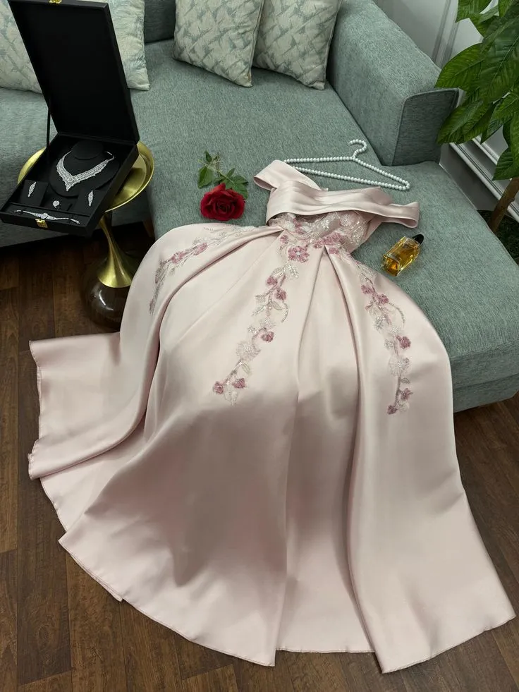 JazzHer Elegant A Line Off The Shoulder Satin Pink Lace Appliques Long Prom Dresses Party Dress (PRE-ORDER)