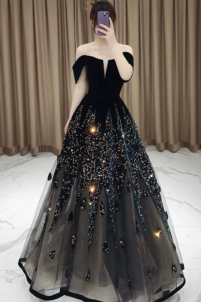 JazzHer Elegant Ball Gown Off The Shoulder Black Short Sleeves Sequin Evening Dress Long Prom Dresses (PRE-ORDER)
