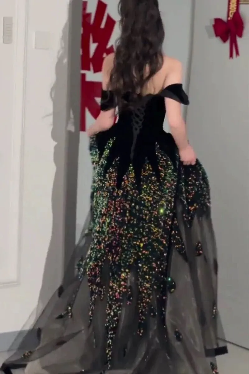 JazzHer Elegant Ball Gown Off The Shoulder Black Short Sleeves Sequin Evening Dress Long Prom Dresses (PRE-ORDER)