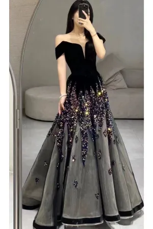 JazzHer Elegant Ball Gown Off The Shoulder Black Short Sleeves Sequin Evening Dress Long Prom Dresses (PRE-ORDER)