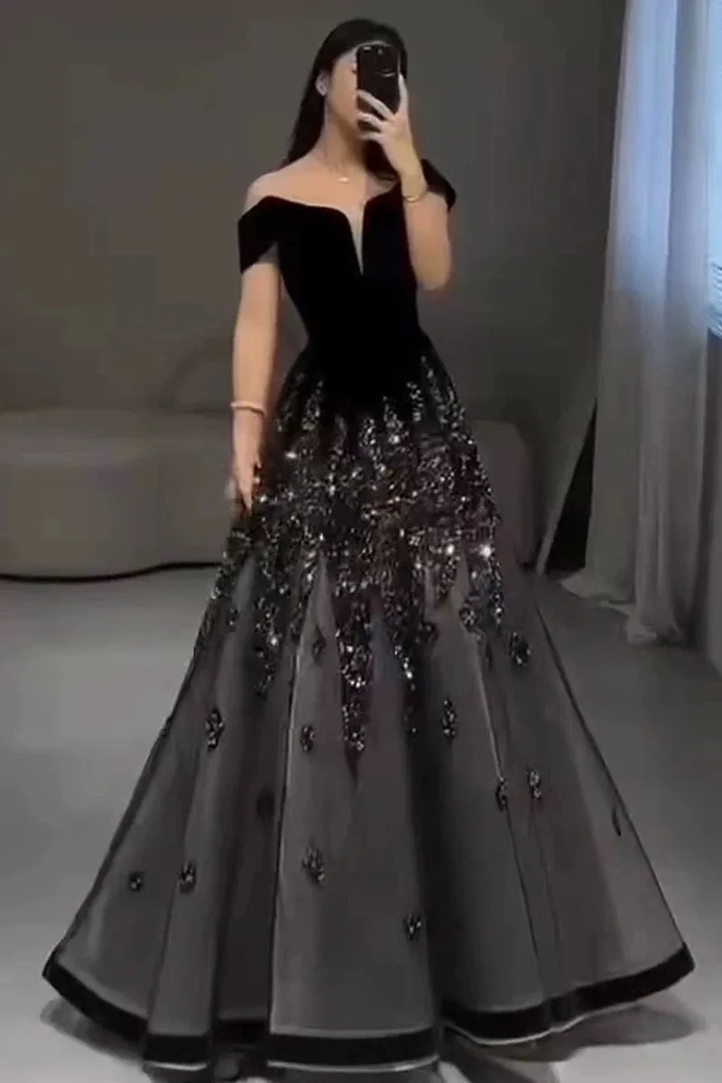 JazzHer Elegant Ball Gown Off The Shoulder Black Short Sleeves Sequin Evening Dress Long Prom Dresses (PRE-ORDER)