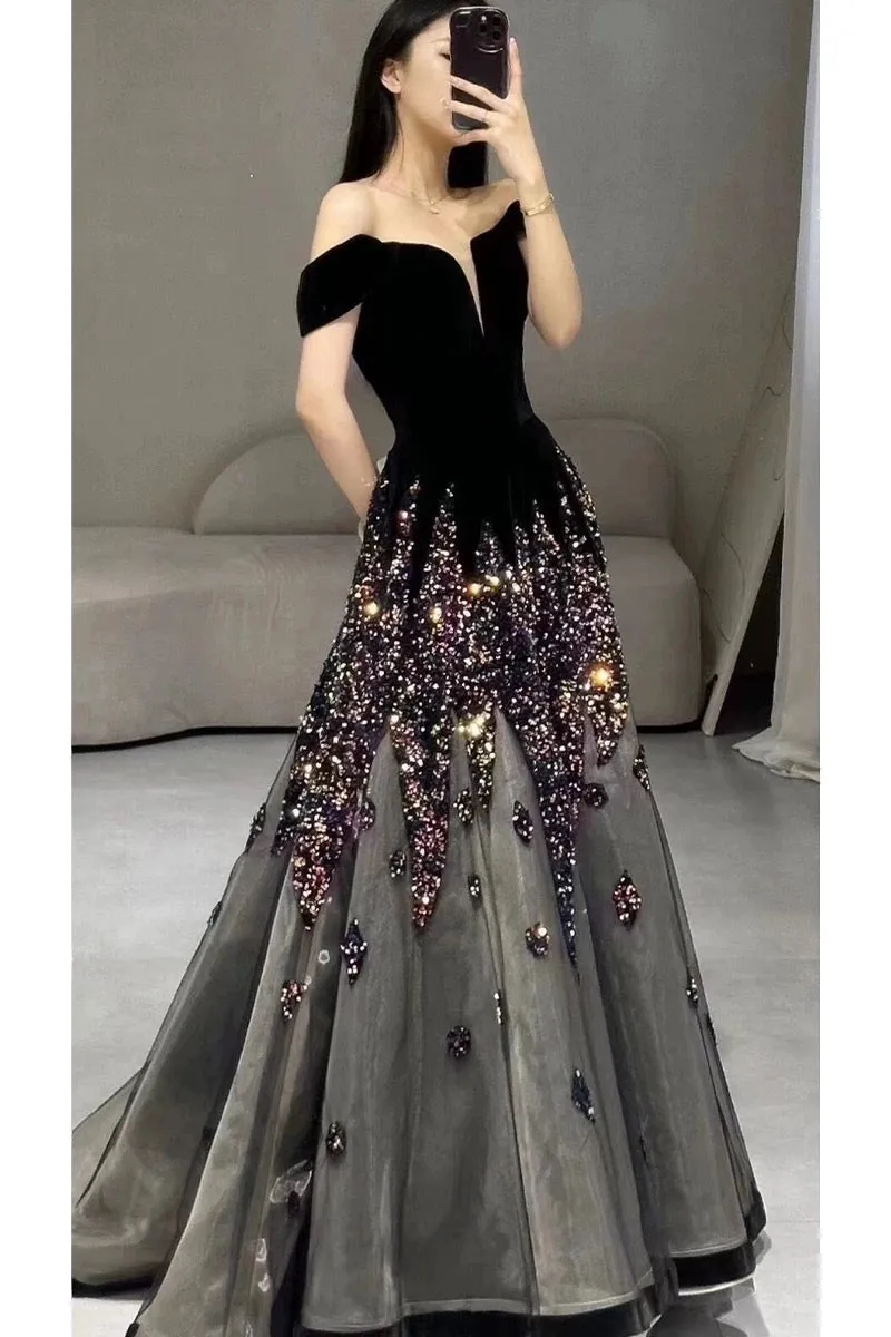JazzHer Elegant Ball Gown Off The Shoulder Black Short Sleeves Sequin Evening Dress Long Prom Dresses (PRE-ORDER)