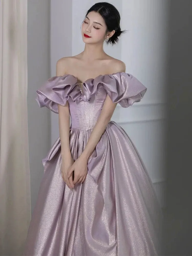 JazzHer Elegant Ball Gown Off The Shoulder Lilac Short Sleeves Evening Dress Long Prom Dresses (PRE-ORDER)