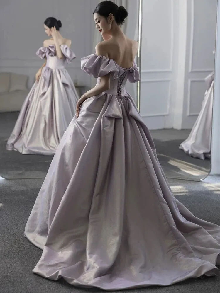JazzHer Elegant Ball Gown Off The Shoulder Lilac Short Sleeves Evening Dress Long Prom Dresses (PRE-ORDER)