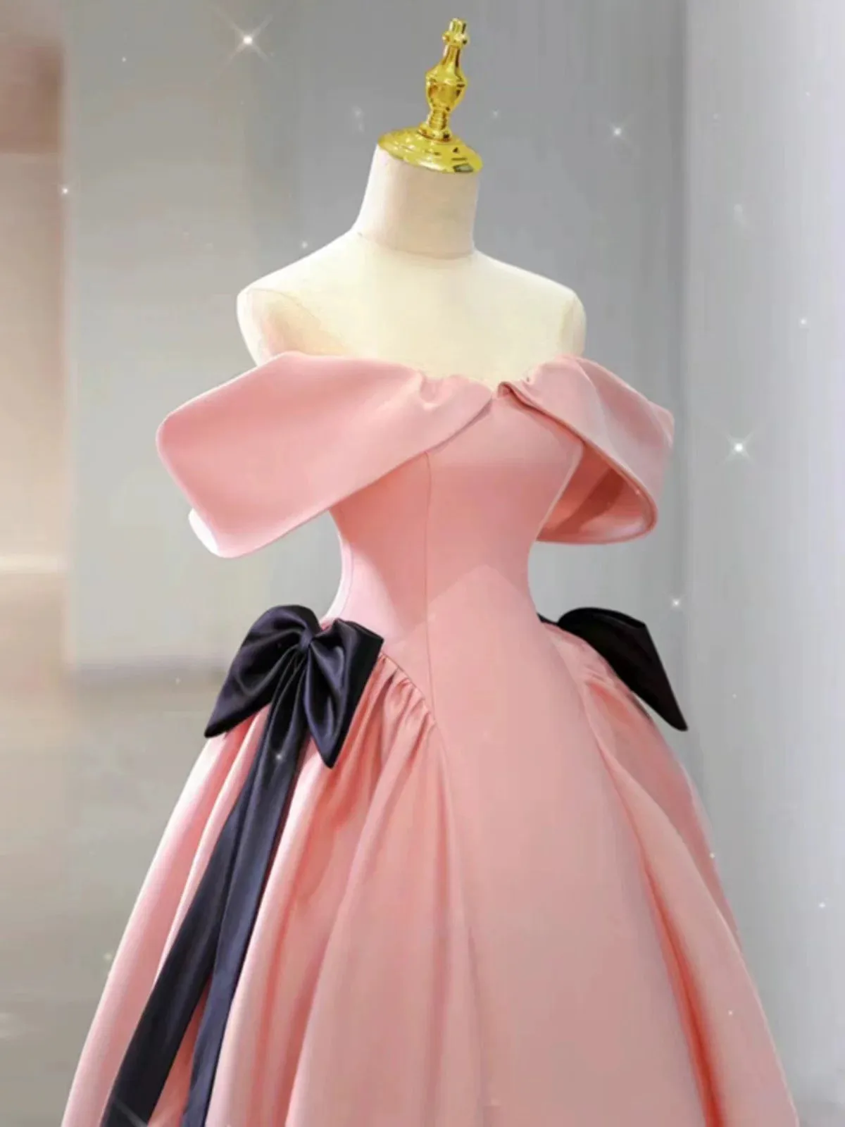 JazzHer Elegant Ball Gown Off The Shoulder Pink Satin Long Prom Dress Evening Dresses (PRE-ORDER)