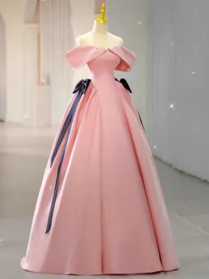 JazzHer Elegant Ball Gown Off The Shoulder Pink Satin Long Prom Dress Evening Dresses (PRE-ORDER)