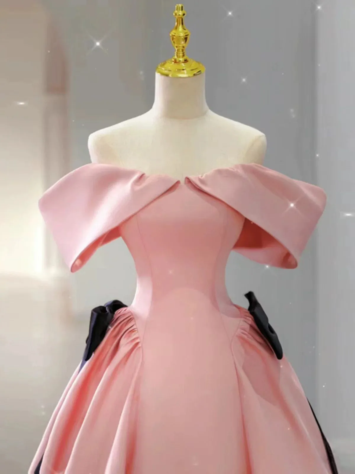 JazzHer Elegant Ball Gown Off The Shoulder Pink Satin Long Prom Dress Evening Dresses (PRE-ORDER)