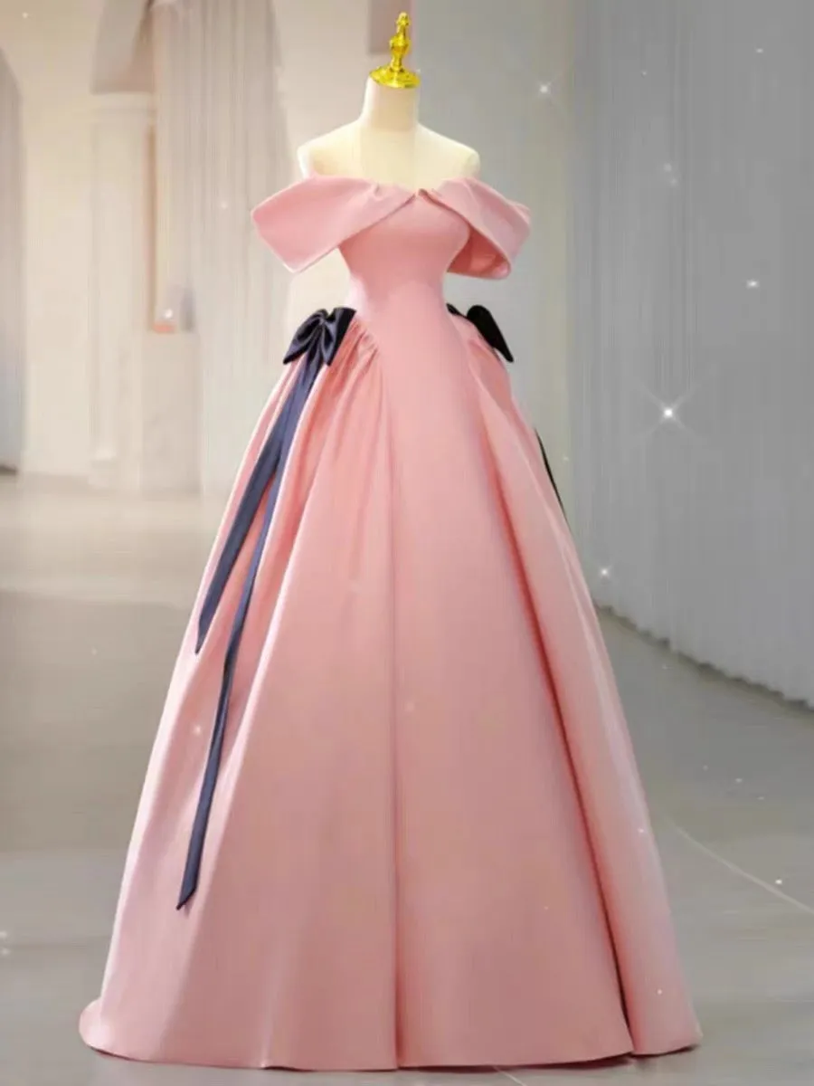 JazzHer Elegant Ball Gown Off The Shoulder Pink Satin Long Prom Dress Evening Dresses (PRE-ORDER)
