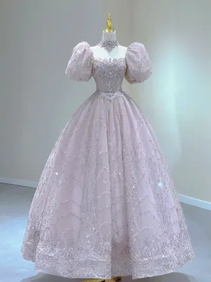 JazzHer Elegant Ball Gown Square Neckline Short Puffy Sleeves Pink Beads Long Prom Dresses Evening Dress (PRE-ORDER)