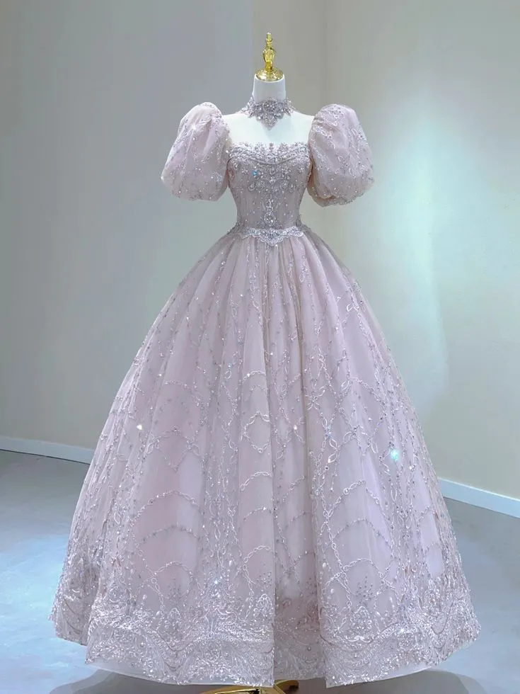 JazzHer Elegant Ball Gown Square Neckline Short Puffy Sleeves Pink Beads Long Prom Dresses Evening Dress (PRE-ORDER)