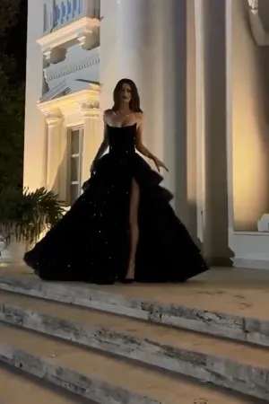 JazzHer Elegant Ball Gown Strapless Black Sequin Long Prom Dress Evening Dresses With Ruffles (PRE-ORDER)