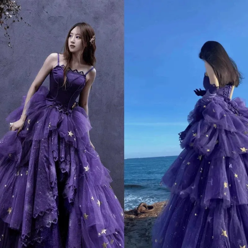 JazzHer Elegant Ball Gown Strapless Purple Satin Long Prom Dress Evening Dresses (PRE-ORDER)