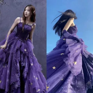 JazzHer Elegant Ball Gown Strapless Purple Satin Long Prom Dress Evening Dresses (PRE-ORDER)