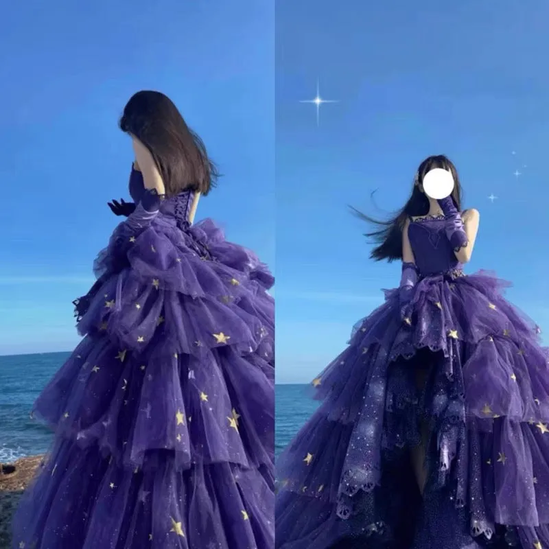 JazzHer Elegant Ball Gown Strapless Purple Satin Long Prom Dress Evening Dresses (PRE-ORDER)