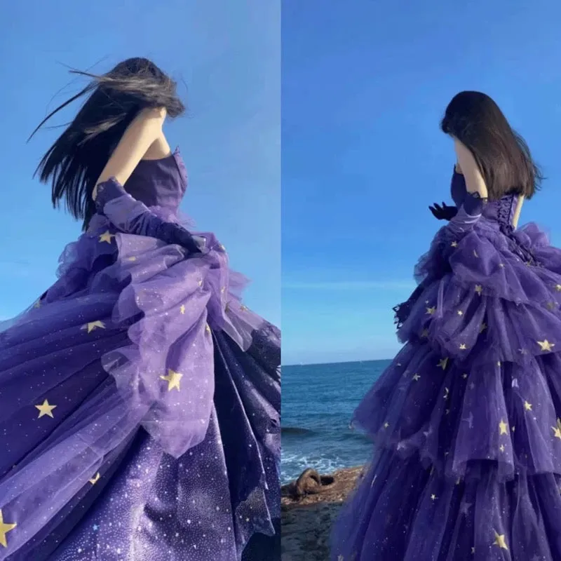 JazzHer Elegant Ball Gown Strapless Purple Satin Long Prom Dress Evening Dresses (PRE-ORDER)
