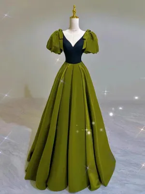 JazzHer Elegant Ball Gown V Neckline Olive Green Satin Long Prom Dress Evening Dresses (PRE-ORDER)
