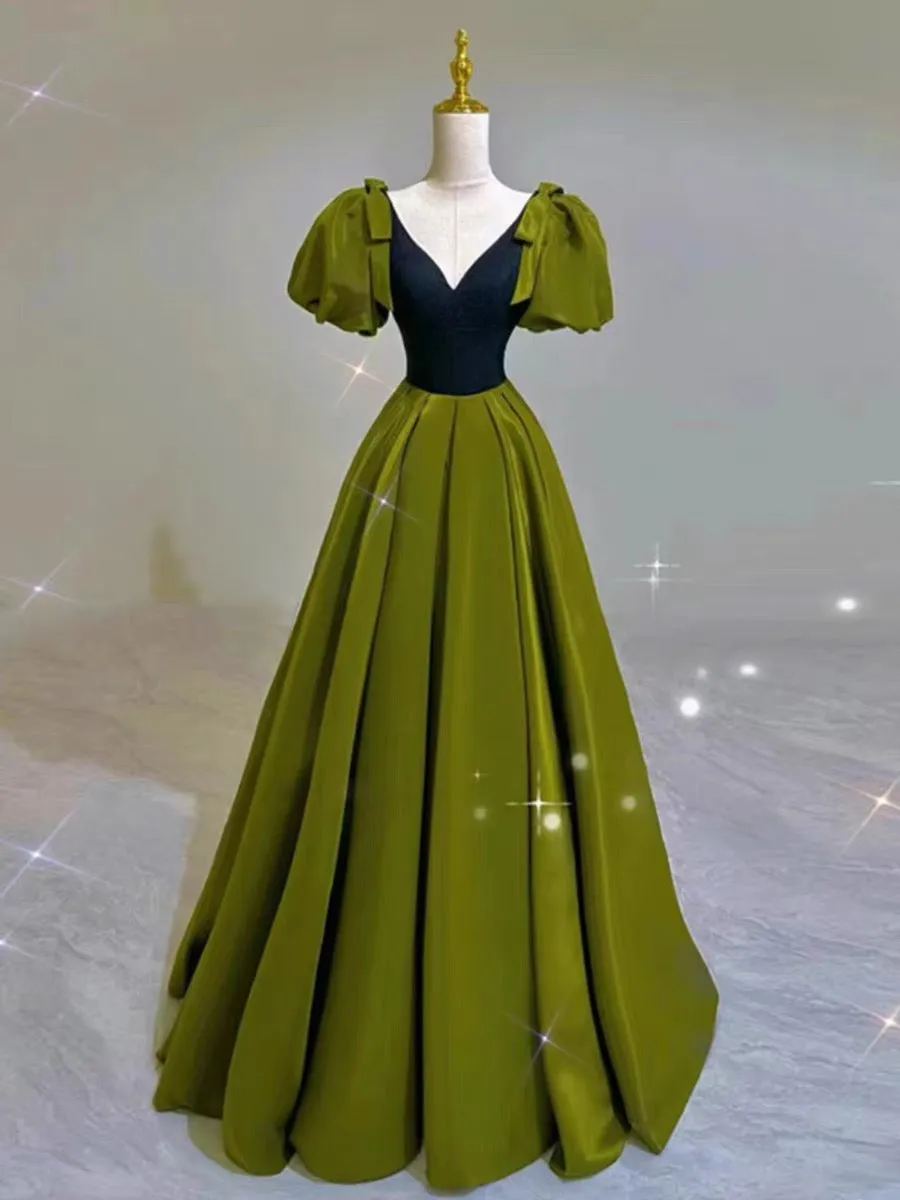 JazzHer Elegant Ball Gown V Neckline Olive Green Satin Long Prom Dress Evening Dresses (PRE-ORDER)
