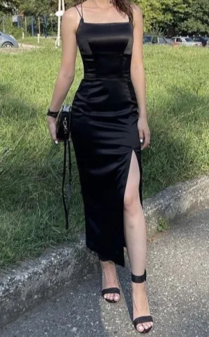 JazzHer Elegant Sheath Spaghetti Straps Black Slit Prom Dresses Satin Evening Dress (PRE-ORDER)