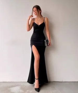 JazzHer Elegant Sheath Straps Black Slit Prom Dresses Evening Dress With Split (PRE-ORDER)