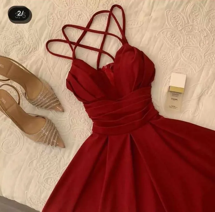 JazzHer Gorgeous A Line Spaghetti Straps Red Knee Length Prom Dresses Wedding Guest Dress (PRE-ORDER)
