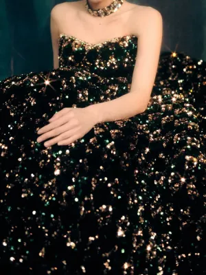 JazzHer Gorgeous Ball Gown Sweetheart Black Sequin Long Evening Dress Prom Dresses Birthday Outfits (PRE-ORDER)