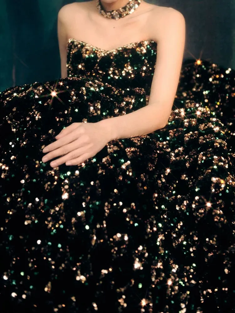 JazzHer Gorgeous Ball Gown Sweetheart Black Sequin Long Evening Dress Prom Dresses Birthday Outfits (PRE-ORDER)