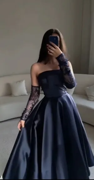 JazzHer Modest Ball Gown Navy Blue Strapless With Long Sleeves Prom Dresses Long Evening Dress (PRE-ORDER)