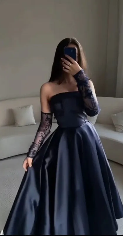 JazzHer Modest Ball Gown Navy Blue Strapless With Long Sleeves Prom Dresses Long Evening Dress (PRE-ORDER)