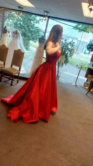 JazzHer Modest Ball Gown Spaghetti Straps Red Backless Long Prom Dresses Evening Dress (PRE-ORDER)