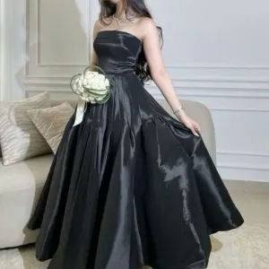 JazzHer Modest Ball Gown Strapless Black Satin Long Prom Dresses With Ruffles Evening Dress (PRE-ORDER)