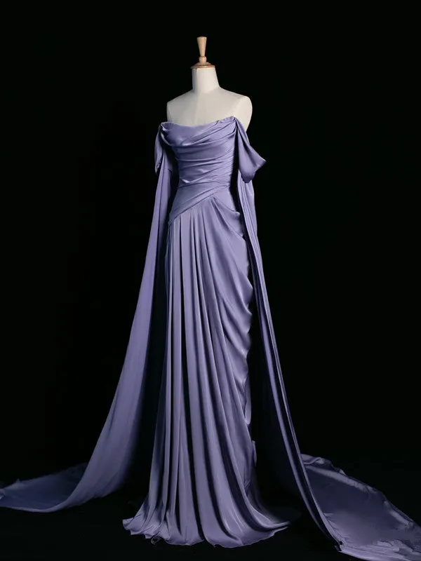 JazzHer Pretty A Line Off The Shoulder Grape Satin Long Prom Dresses Party Evening Dress (PRE-ORDER)