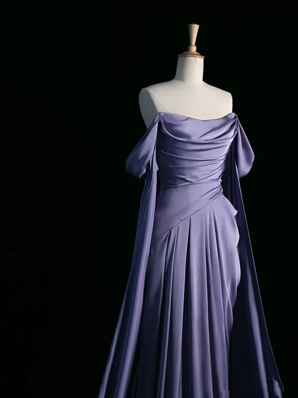 JazzHer Pretty A Line Off The Shoulder Grape Satin Long Prom Dresses Party Evening Dress (PRE-ORDER)