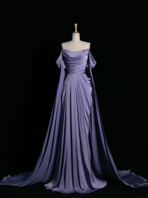 JazzHer Pretty A Line Off The Shoulder Grape Satin Long Prom Dresses Party Evening Dress (PRE-ORDER)