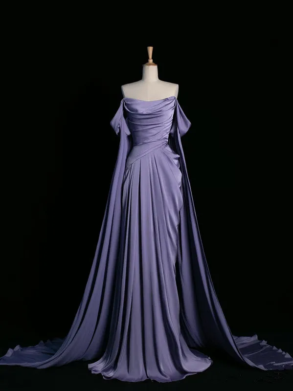 JazzHer Pretty A Line Off The Shoulder Grape Satin Long Prom Dresses Party Evening Dress (PRE-ORDER)