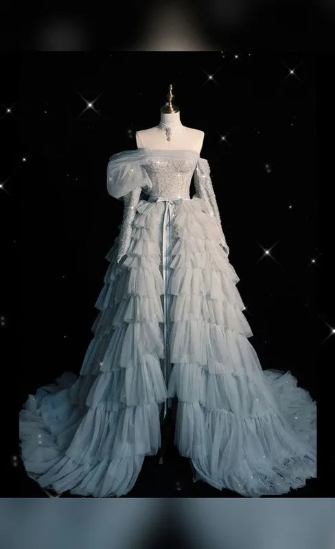 JazzHer Pretty Ball Gown Off The Shoulder Tulle Long Ruffles Layers Evening Dress Prom Dresses (PRE-ORDER)