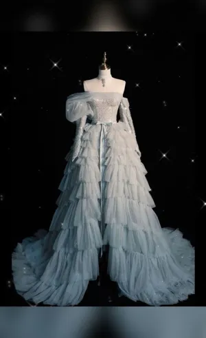 JazzHer Pretty Ball Gown Off The Shoulder Tulle Long Ruffles Layers Evening Dress Prom Dresses (PRE-ORDER)
