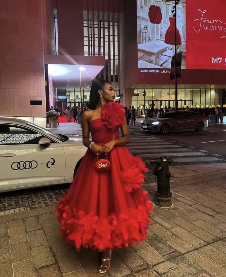 JazzHer Pretty Ball Gown One Shoulder Red Tulle Ruffles Evening Dress Prom Dresses BD  (PRE-ORDER)