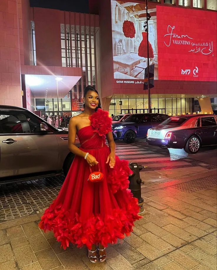 JazzHer Pretty Ball Gown One Shoulder Red Tulle Ruffles Evening Dress Prom Dresses BD  (PRE-ORDER)
