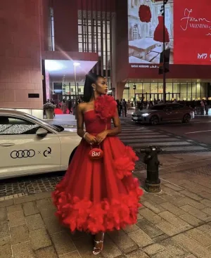 JazzHer Pretty Ball Gown One Shoulder Red Tulle Ruffles Evening Dress Prom Dresses BD  (PRE-ORDER)