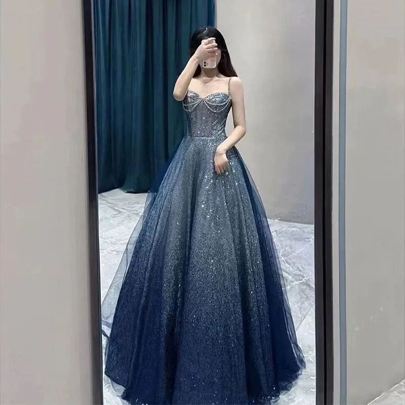 JazzHer Pretty Ball Gown Spaghetti Straps Navy Blue Long Prom Dresses Party Evening Dress (PRE-ORDER)