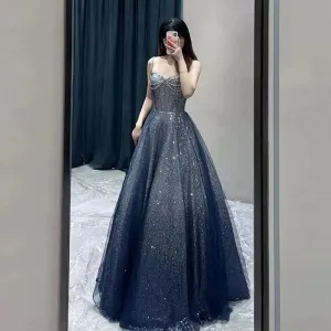 JazzHer Pretty Ball Gown Spaghetti Straps Navy Blue Long Prom Dresses Party Evening Dress (PRE-ORDER)