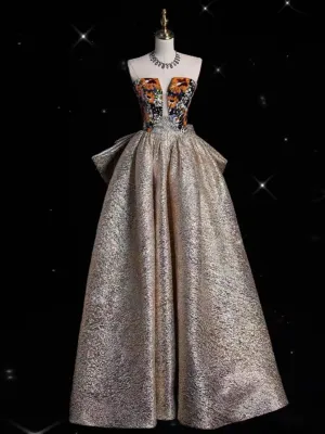JazzHer Pretty Ball Gown Strapless Floral Satin Long Prom Dress Evening Dresses With Bowknot C(PRE-ORDER)