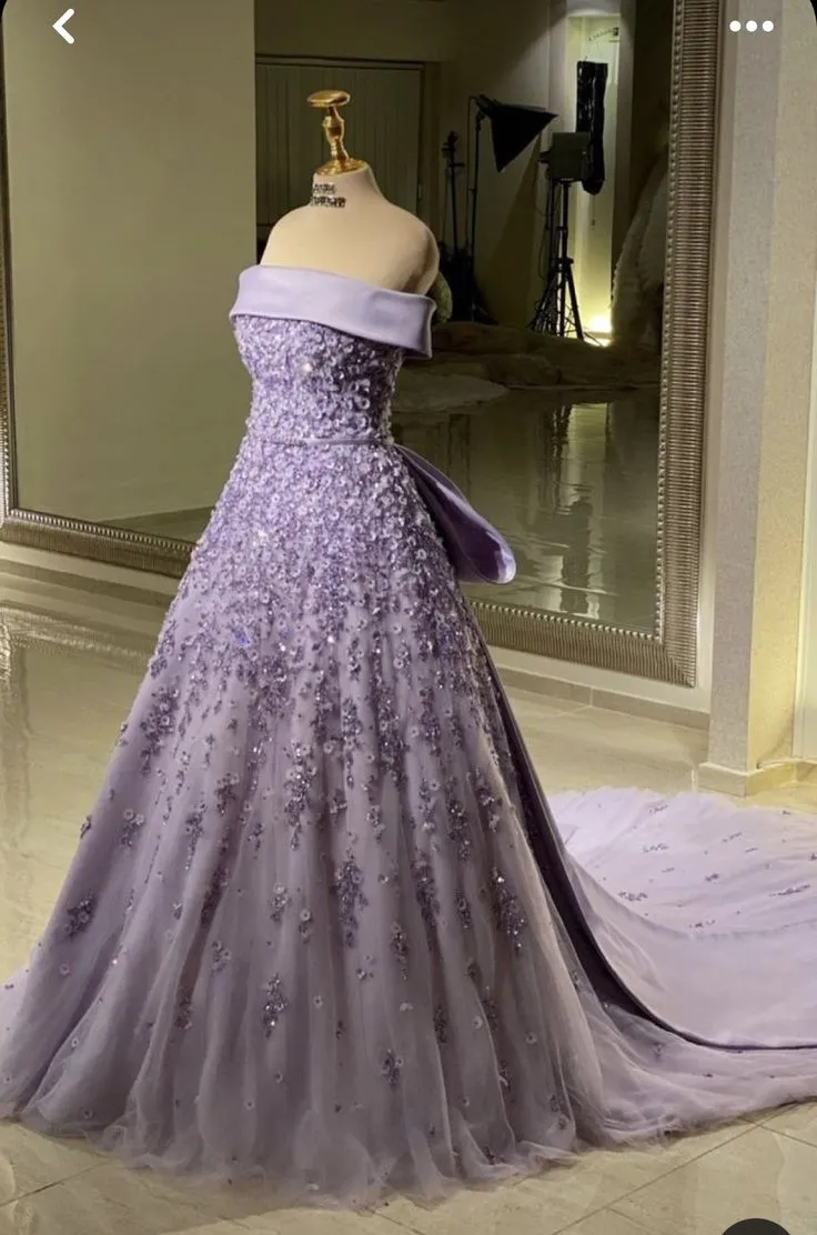 JazzHer Pretty Ball Gown Strapless Lilac Tulle Long Evening Dress Prom Dresses With Flowers (PRE-ORDER)