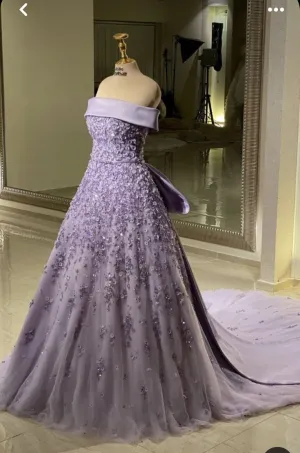 JazzHer Pretty Ball Gown Strapless Lilac Tulle Long Evening Dress Prom Dresses With Flowers (PRE-ORDER)