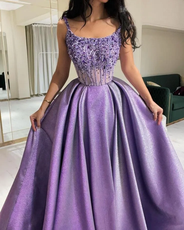 JazzHer Pretty Ball Gown Straps Neckline Lilac Satin Evening Dress Prom Dresses With Beads (PRE-ORDER)