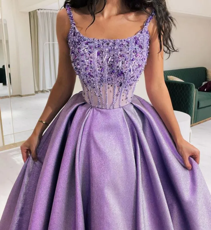 JazzHer Pretty Ball Gown Straps Neckline Lilac Satin Evening Dress Prom Dresses With Beads (PRE-ORDER)