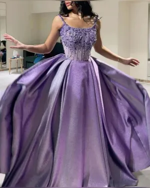 JazzHer Pretty Ball Gown Straps Neckline Lilac Satin Evening Dress Prom Dresses With Beads (PRE-ORDER)