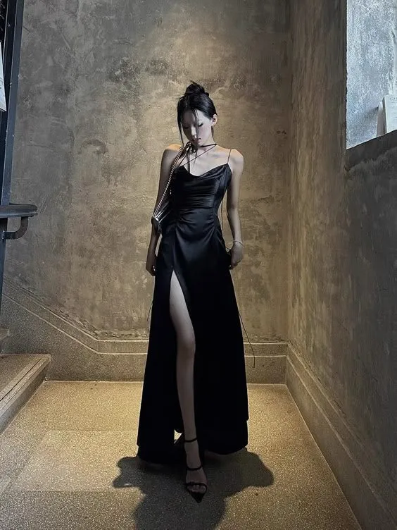 JazzHer Pretty Sheath Spaghetti Straps Slit Black Long Prom Dresses Evening Dress (PRE-ORDER)