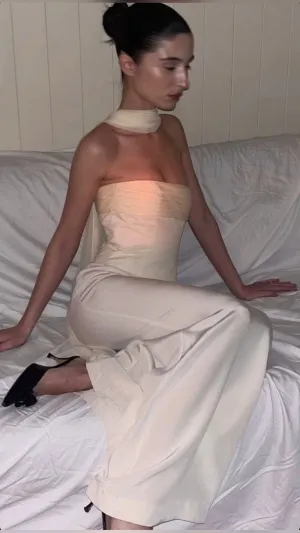JazzHer Pretty Sheath Strapless White Satin Long Prom Dresses Party Evening Dress (PRE-ORDER)