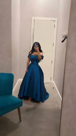 JazzHer Sexy A line Off The Shoulder Blue Prom Dress With Pleated Long Satin Prom Dresses Party Dress (PRE-ORDER)